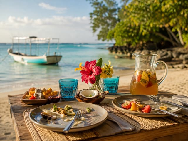Table dress&eacute;e sur le sable avec punch et hibiscus, au bord du lagon